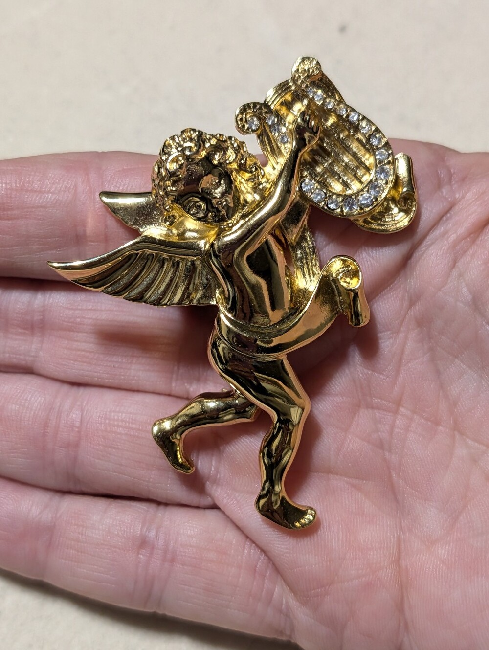 Givenchy Vintage Angel Pin Brooch Cherub Harp Rhinestone Gold Signed - Picture 8 of 14